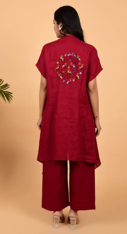 Maroon Linen Co-Ords With Hand Work