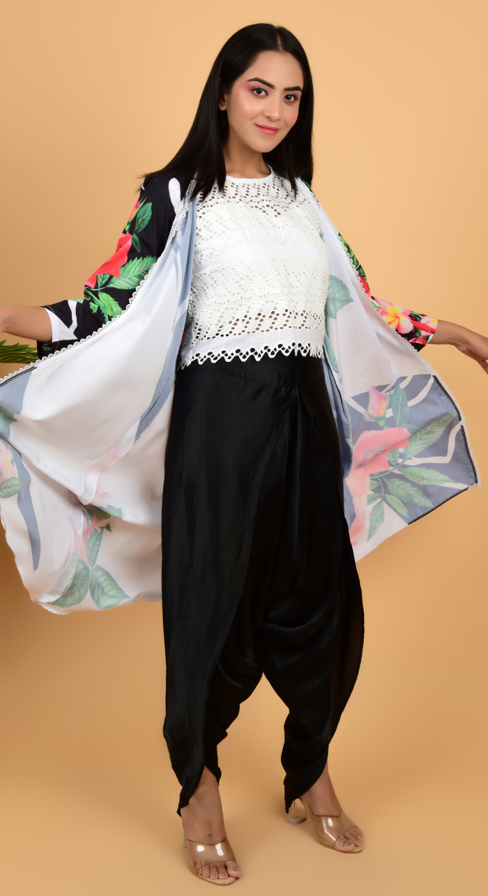 Buy Multi Color Modal Satin Hand Striped Shrug With Dhoti Skirt Set For  Women by Naintara Bajaj Online at Aza Fashions.