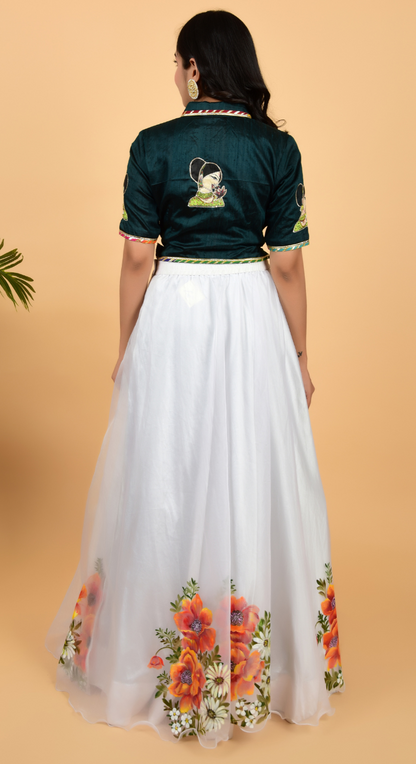 White Free Hand Painted Floral Border Lehenga