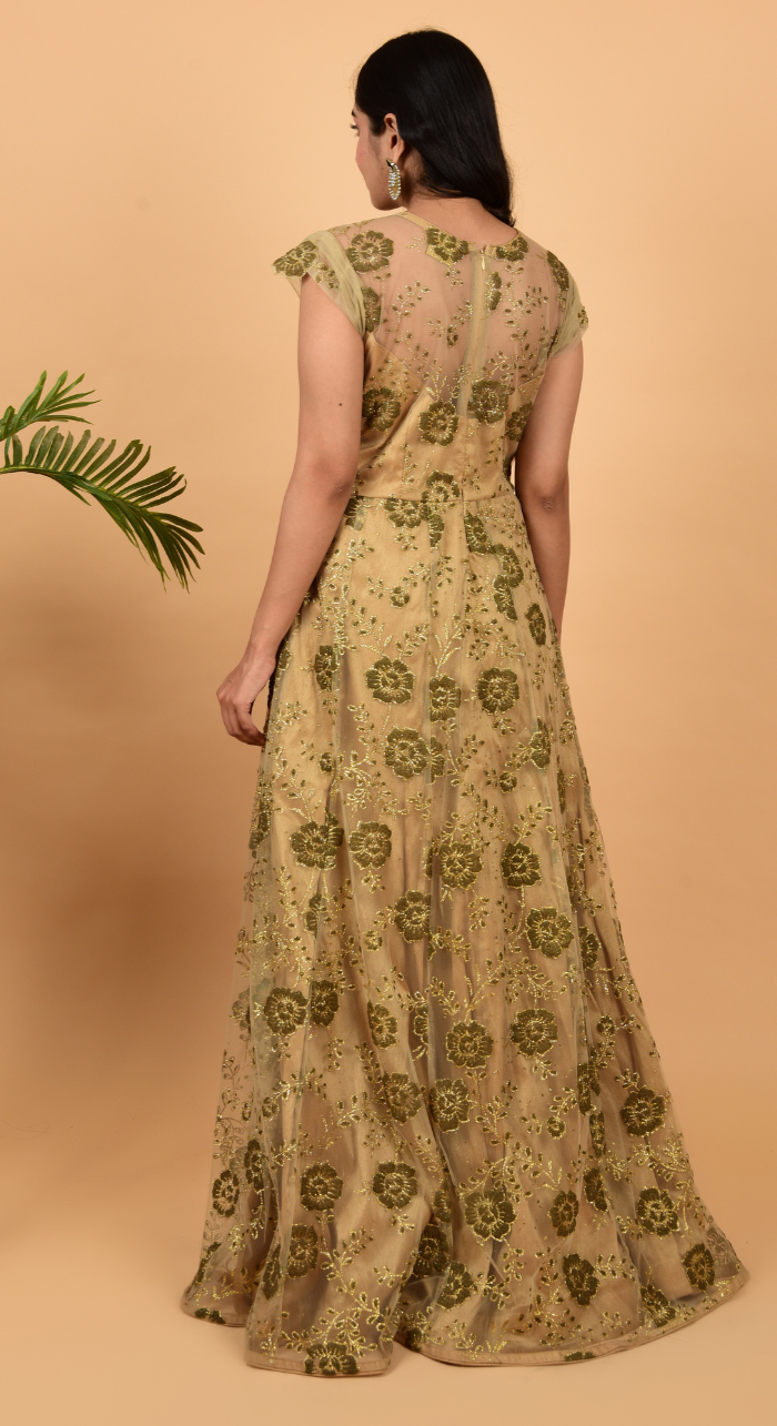 Embroidered Net Golden Gown
