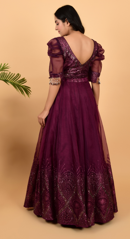Wine Colour Glitter Work Lehenga With Crop Top