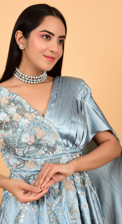 Sky Blue Hand Work Peplum Top With Draped Skirt