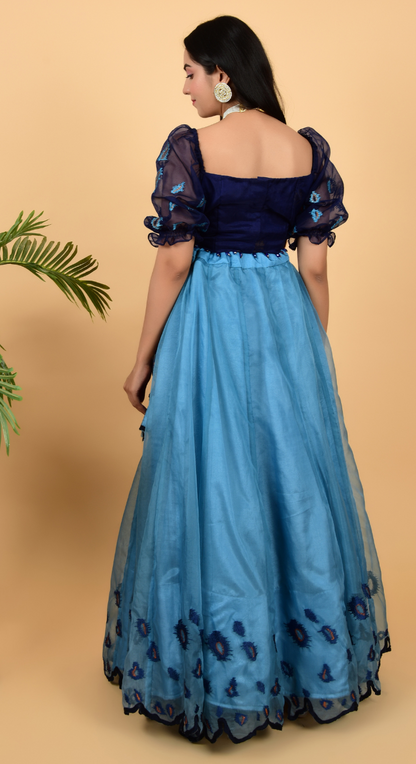 Blue Organza Lehenga With Crop Top