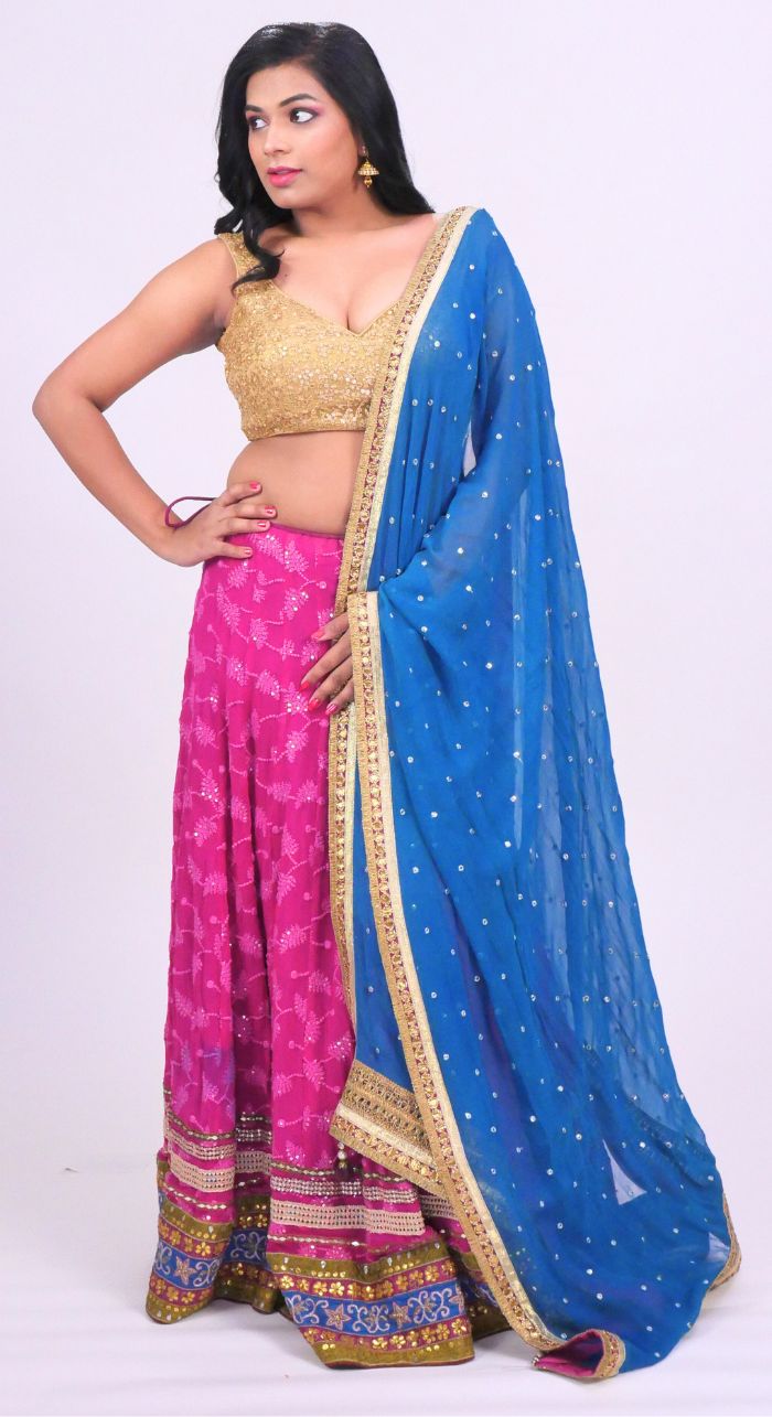 Golden Machine Work Blouse & Pink Georgette Sequence Lehenga With Blue Dupaptta