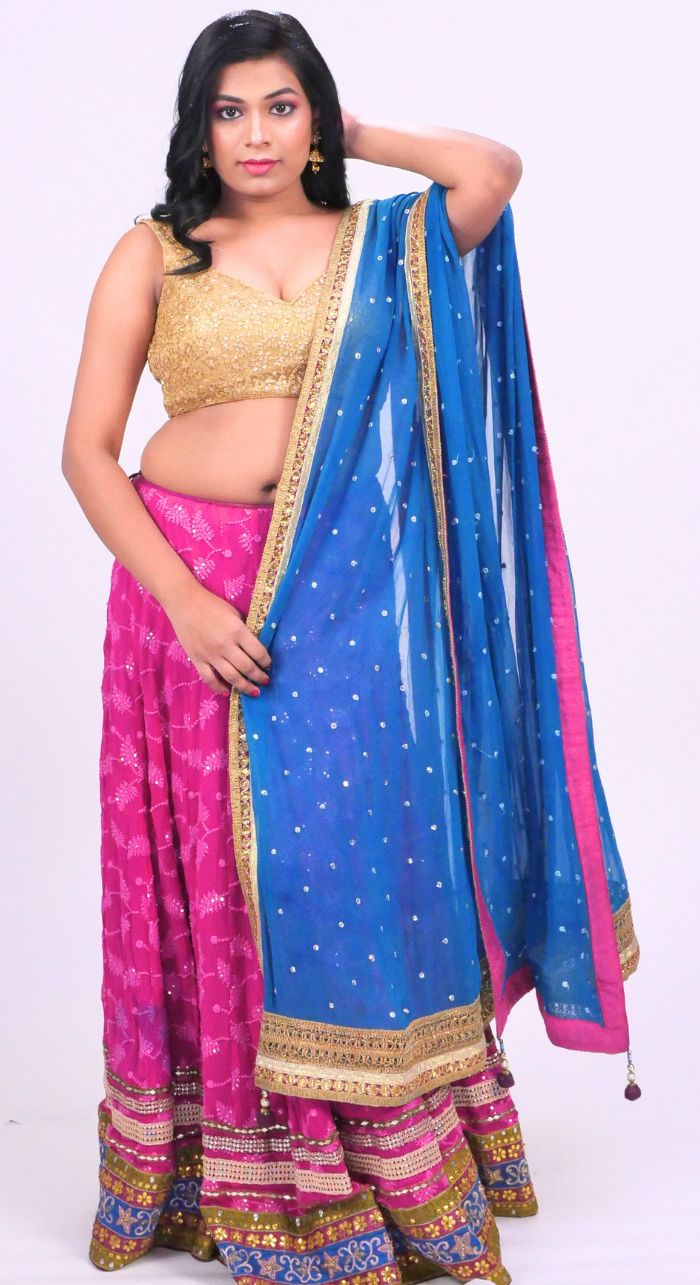 Golden Machine Work Blouse & Pink Georgette Sequence Lehenga With Blue Dupaptta