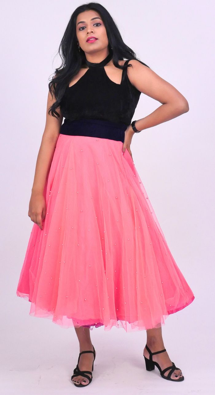Pink Pearl Embroided Net Skirt
