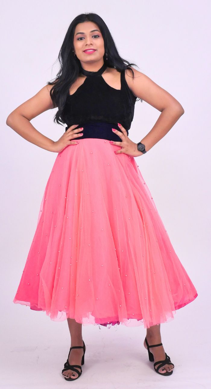 Black Velvet Top & Pink Pearl Embroided Net Skirt