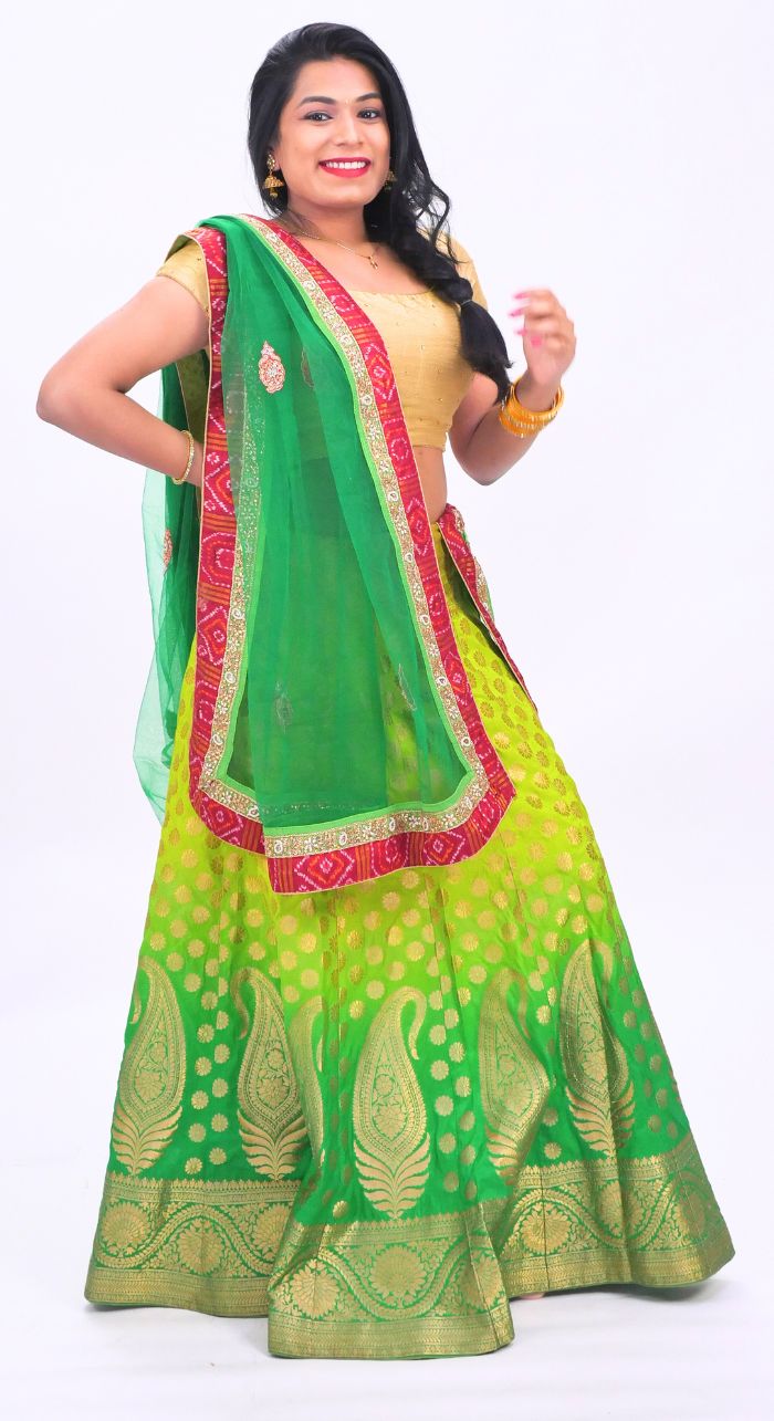 Banarasi Green Lehenga With Hand Embroided Net Dupatta