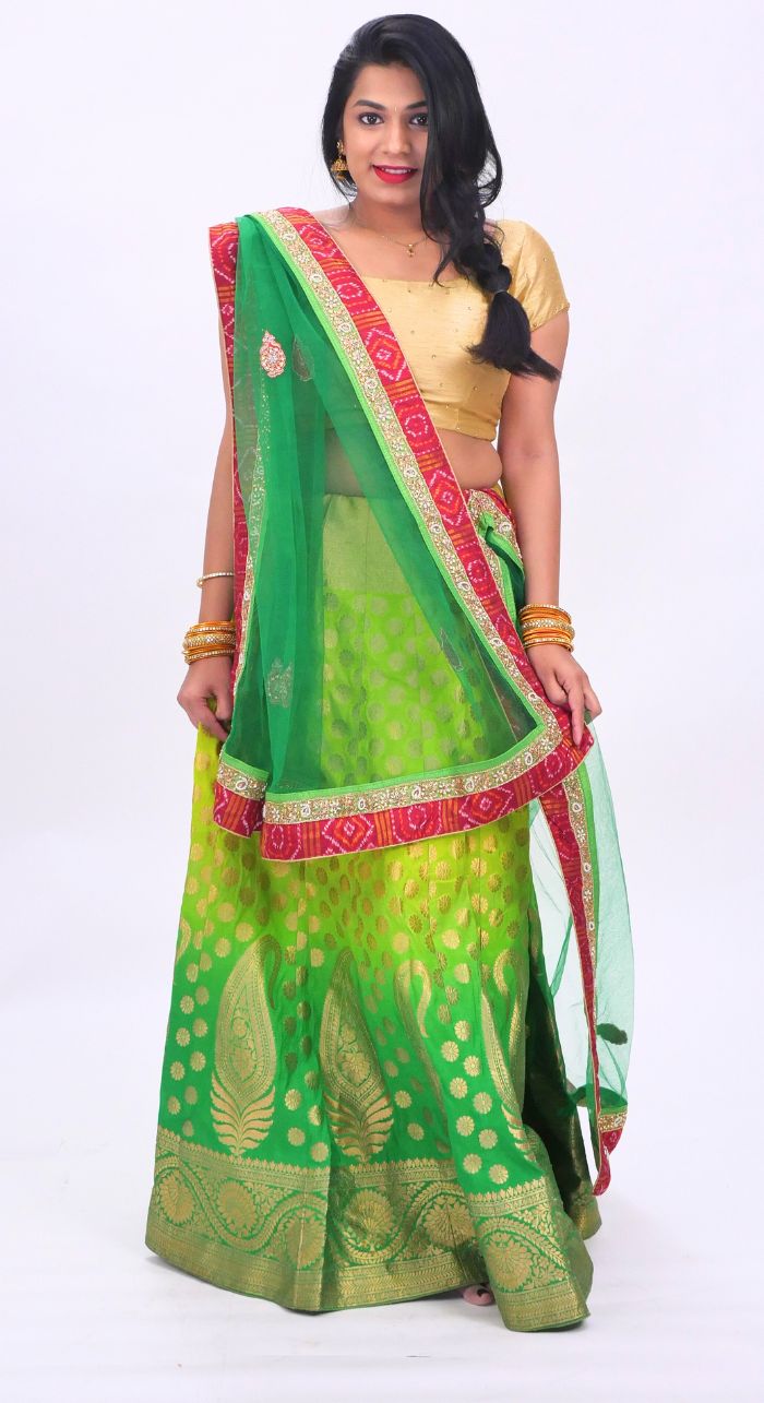 Banarasi Green Lehenga With Hand Embroided Net Dupatta