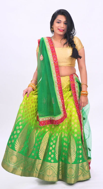 Banarasi Green Lehenga With Hand Embroided Net Dupatta