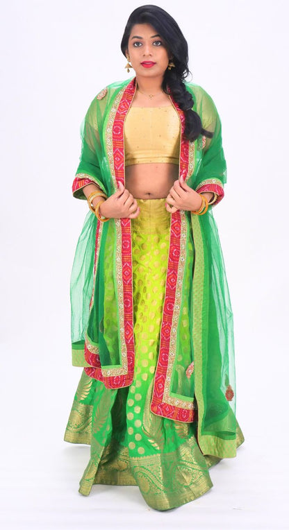 Banarasi Green Lehenga With Hand Embroided Net Dupatta