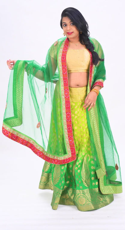 Banarasi Green Lehenga With Hand Embroided Net Dupatta