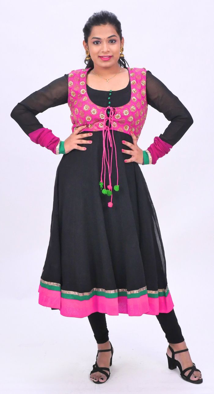 Black Georgette Anarkali With Pink Banarasi Short Jacket