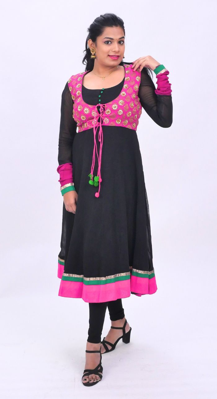 Black Georgette Anarkali With Pink Banarasi Short Jacket