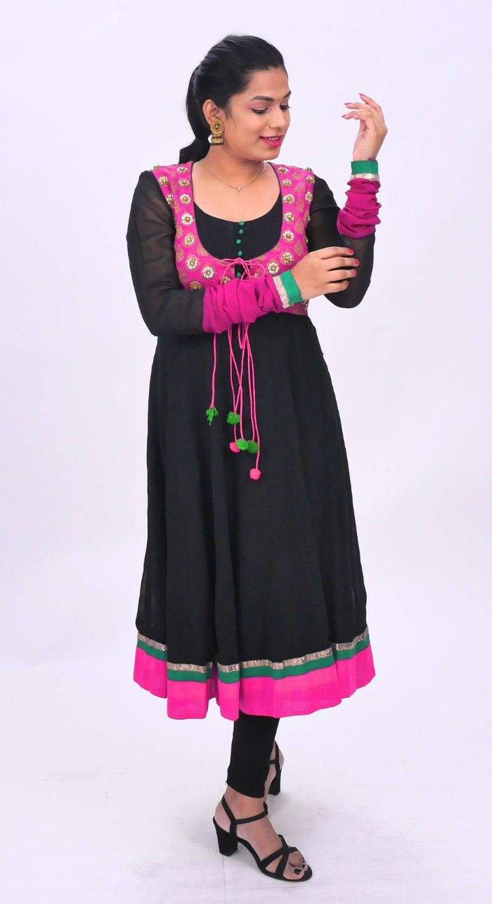 Black Georgette Anarkali With Pink Banarasi Short Jacket