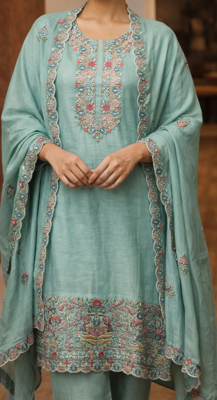 Emerald Heirloom Chanderi Semi - Stitched Cotton Suit