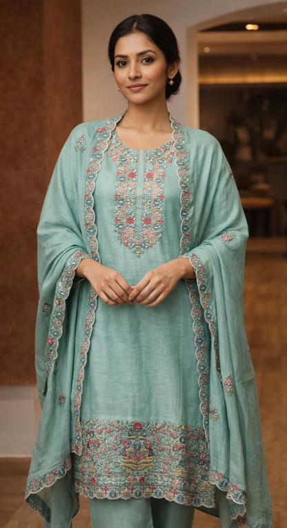 Emerald Heirloom Chanderi Semi - Stitched Cotton Suit