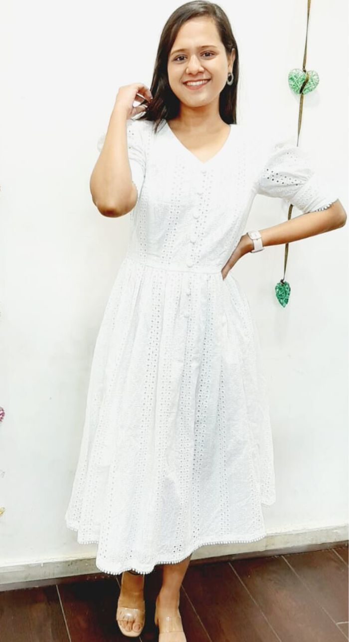 White Cotton Hakova Chikan Maxi Dress