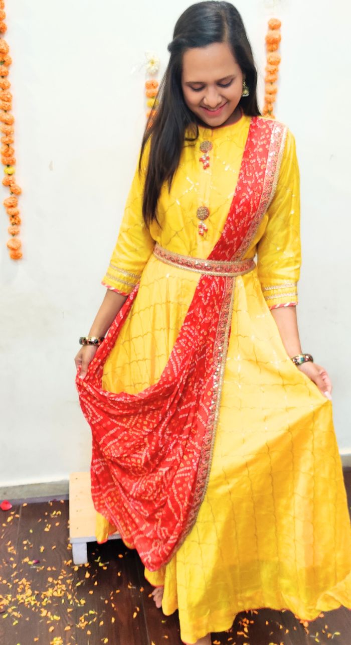 Yellow Chanderi Silk Machine Work Anarkali With Bandhej Dupatta