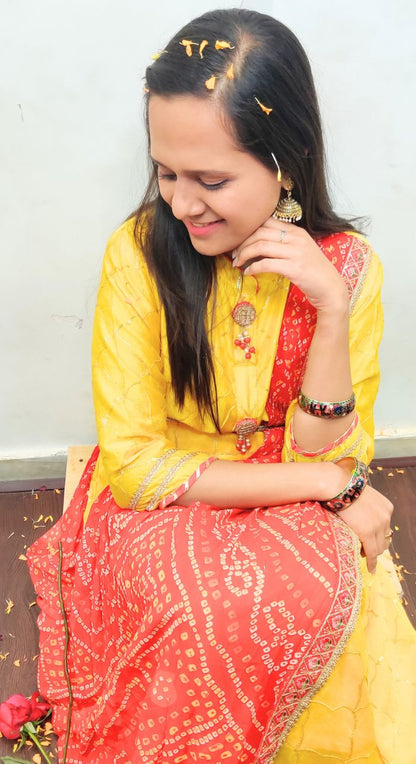 Yellow Chanderi Silk Machine Work Anarkali With Bandhej Dupatta