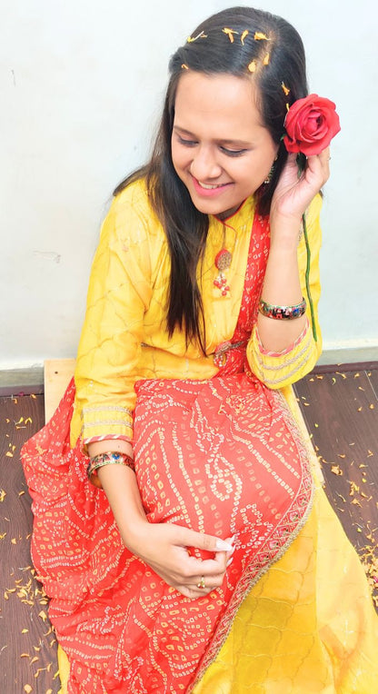 Yellow Chanderi Silk Machine Work Anarkali With Bandhej Dupatta