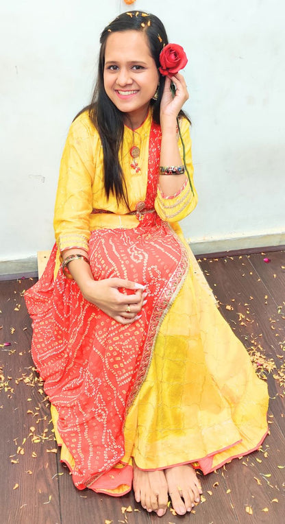 Yellow Chanderi Silk Machine Work Anarkali With Bandhej Dupatta