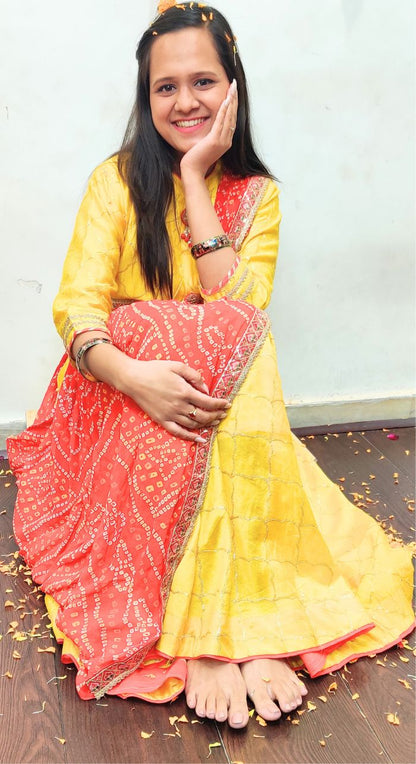 Yellow Chanderi Silk Machine Work Anarkali With Bandhej Dupatta