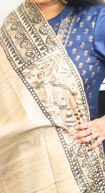 Tessar Silk Madhubani Hand Painted Designer Dupatta