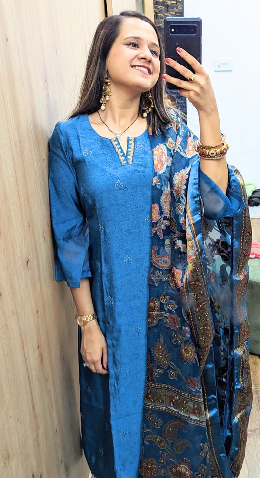 Blue Muslin Silk Suit With Organza Self Dupatta