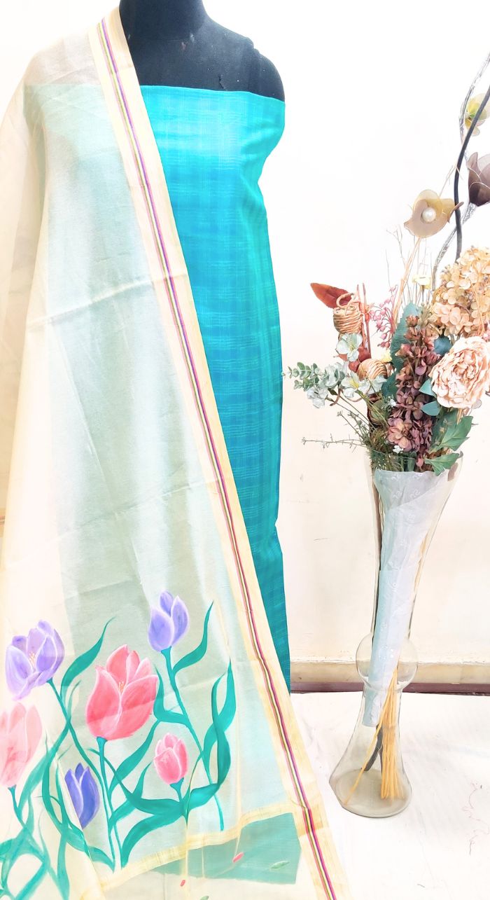 Unstitched Sky Blue Cheque Printed Cotton Silk With Organza Free Hand Painted Dupatta