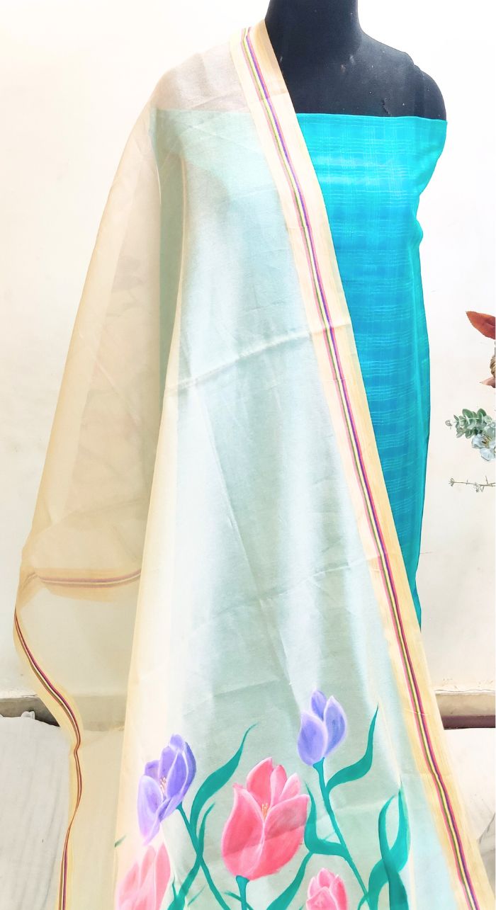 Unstitched Sky Blue Cheque Printed Cotton Silk With Organza Free Hand Painted Dupatta