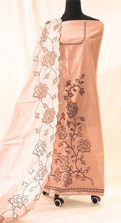 Cream Chanderi Silk Machine Work Suit 