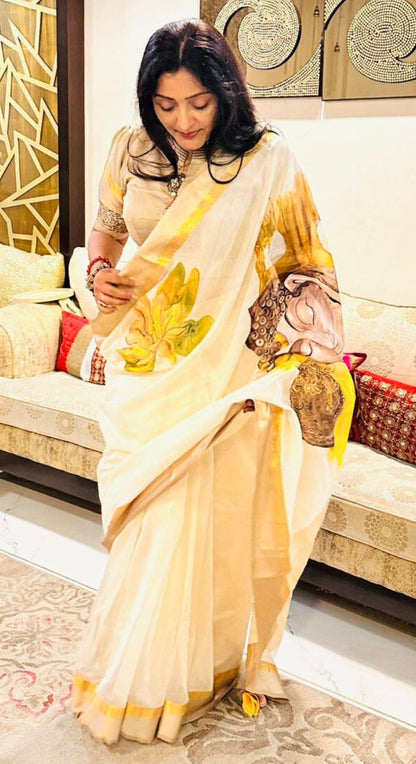 White Freehand Painted Cotton Silk Saree