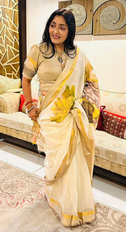 White Freehand Painted Cotton Silk Saree