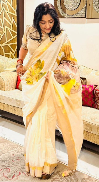 White Freehand Painted Cotton Silk Saree