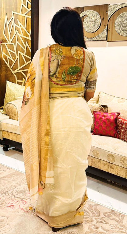 White Freehand Painted Cotton Silk Saree