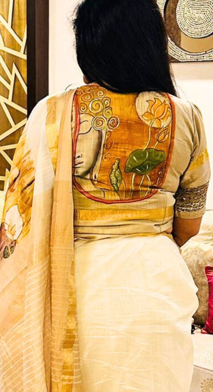 White Freehand Painted Cotton Silk Saree