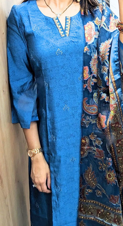Blue Muslin Silk Suit With Organza Self Dupatta