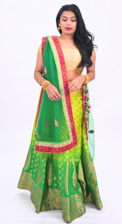 Banarasi Green Lehenga With Hand Embroided Net Dupatta