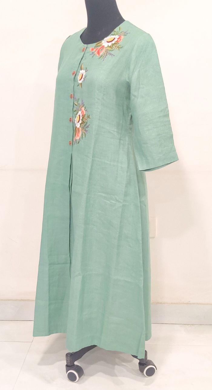 Green Fancy Linen Hand Work Kurta 