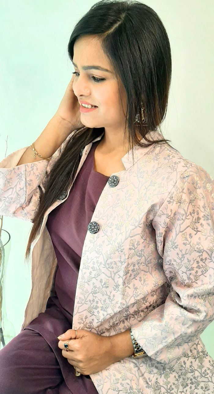 Wine Top & Pant With Brocade Printed Silk Jacket