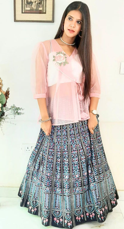 Slab Silk Bralette & Pink Organza  Fancy Top & Foil Painted Skirt