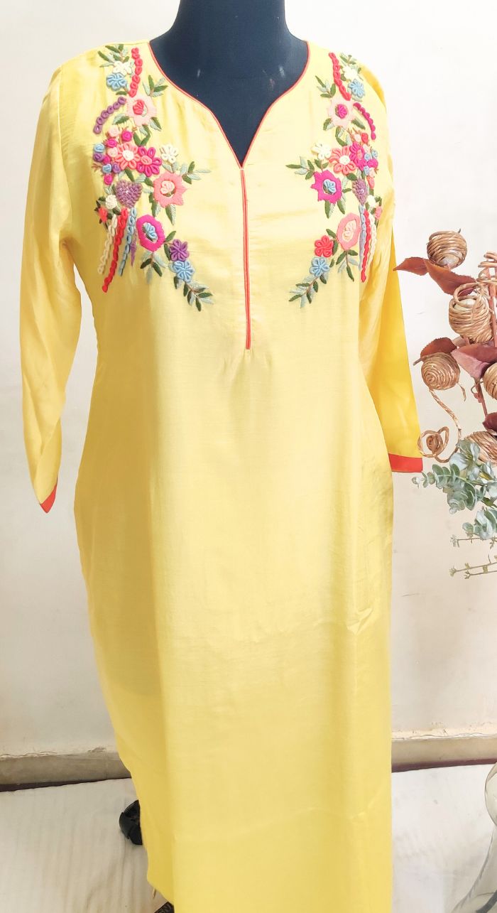 Yellow Hand Embroidered Kurta