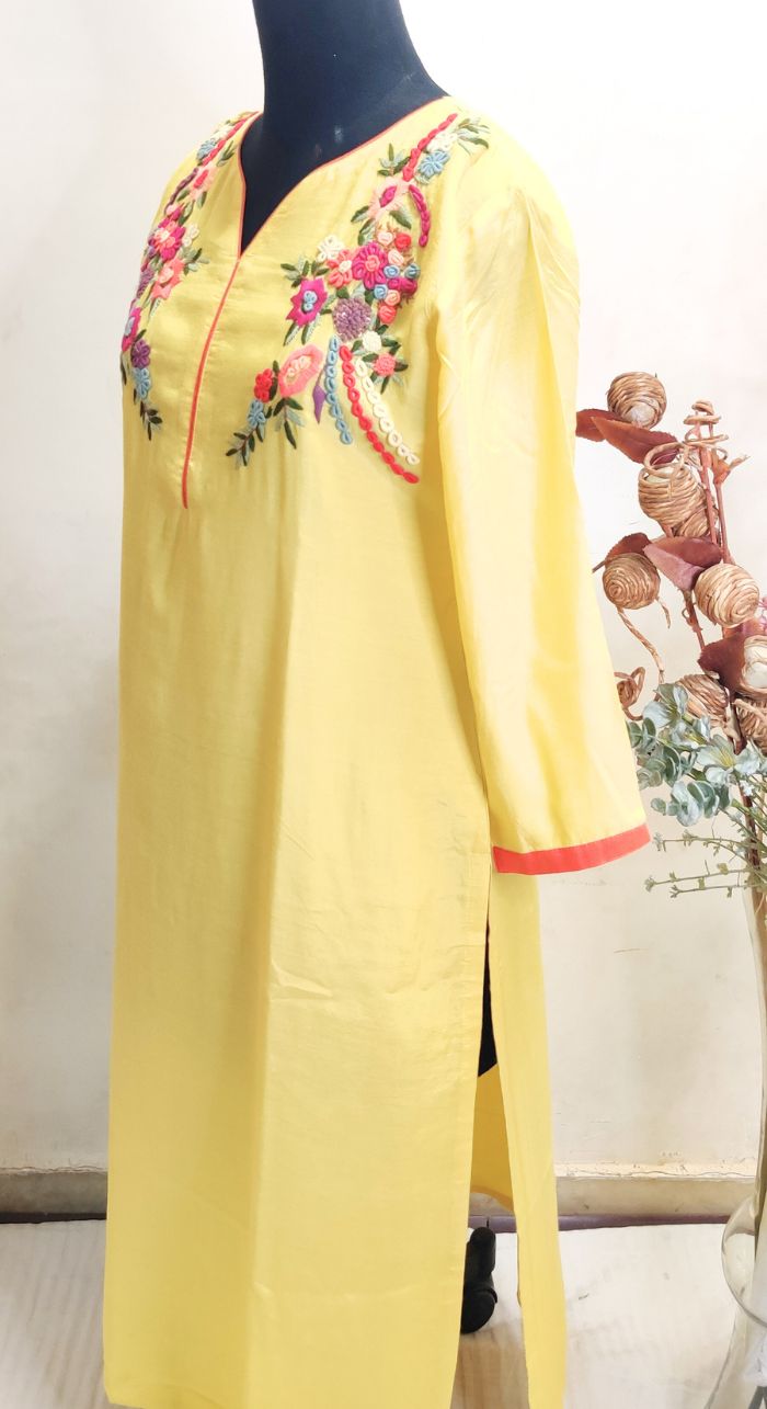 Yellow Hand Embroidered Kurta