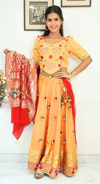 Mustard Silk Lehenga With Bandhej Dupatta