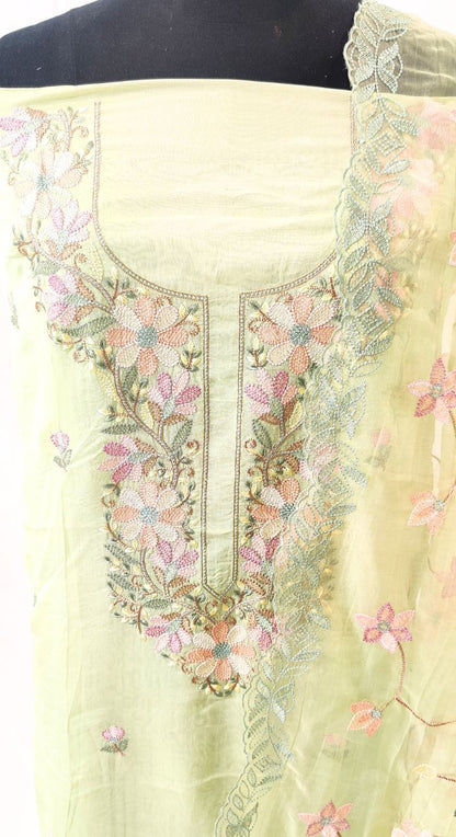 Lime Green Organza Silk Machine Work Unstiched Suit 