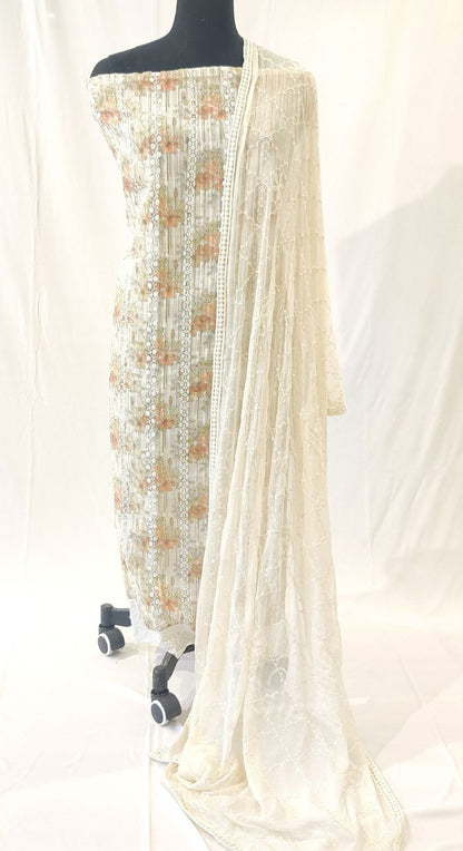 Linen Machine Work Suit  With Shiffon Dupatta 