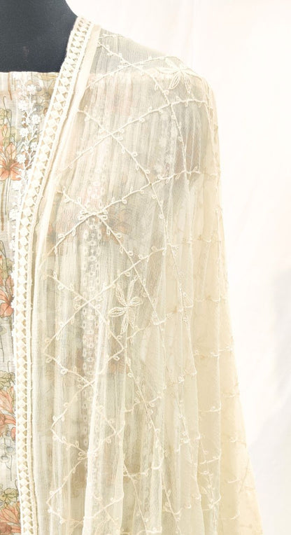 Linen Machine Work Suit  With Shiffon Dupatta 