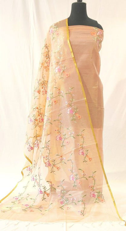 Peach Chanderi Kota Machine Work Suit 