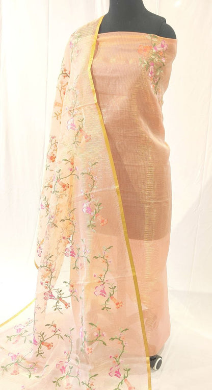 Peach Chanderi Kota Machine Work Suit 